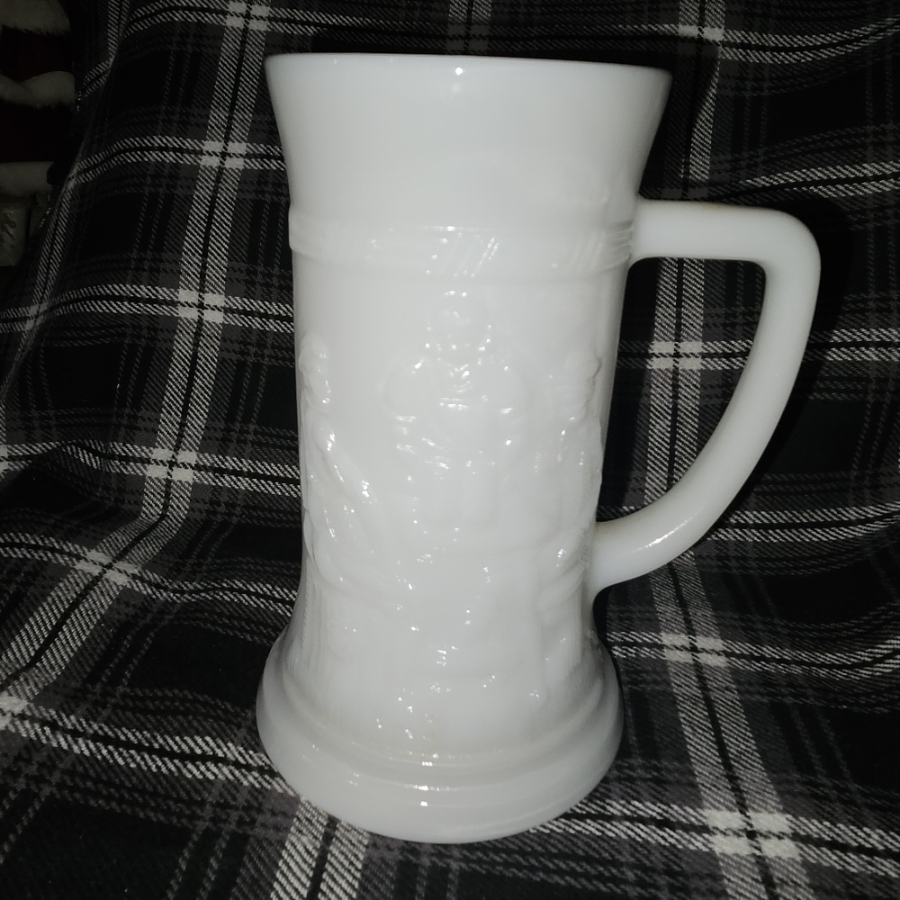 Vintage White Milk Glass Beer Stein Tankard with Tavern Scene